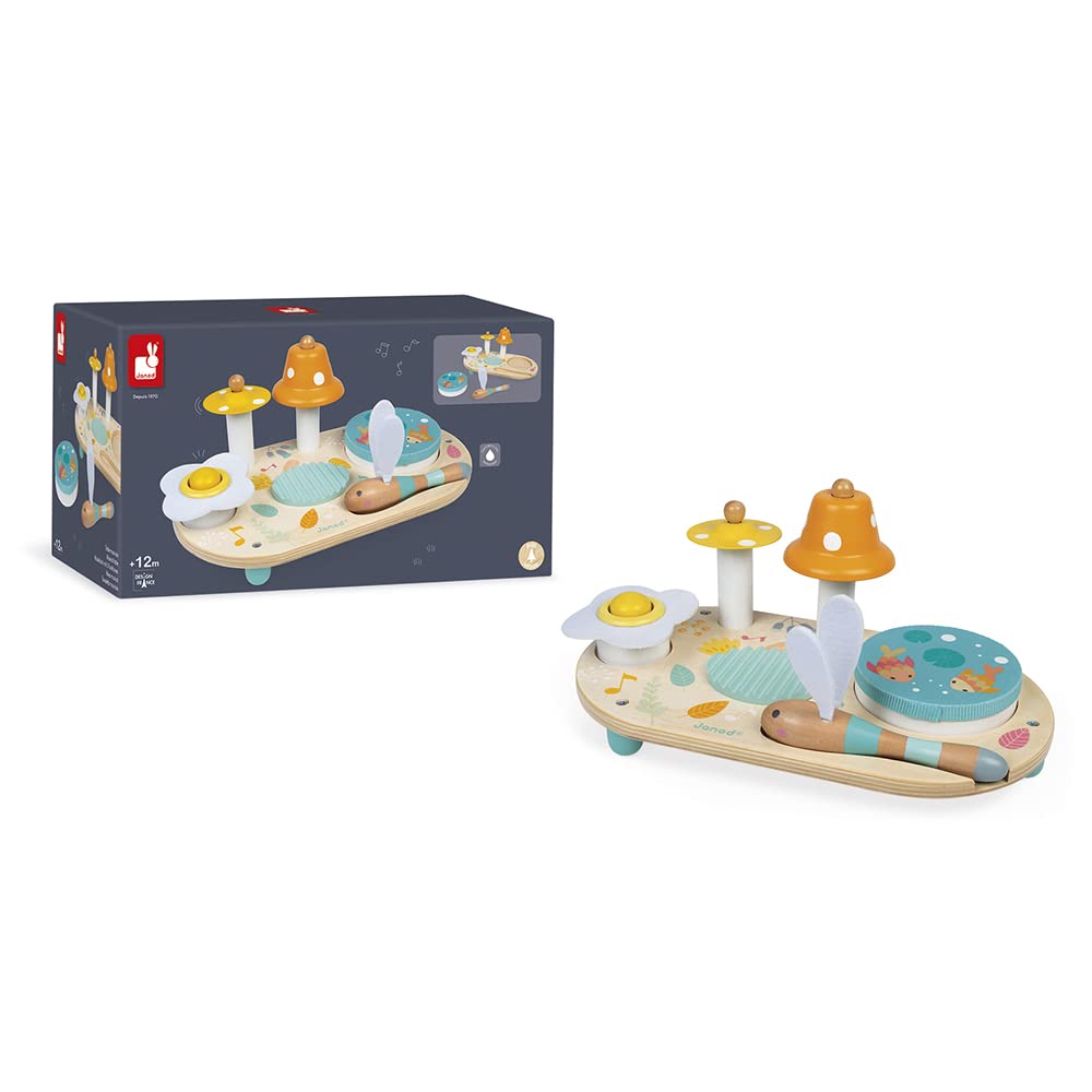 Janod - Pure Wooden Musical Table - Wooden Musical Early Learning Toy - with Cymbal, Bell and Removable Tambourine - Water Based Paint - from 3 Years Old, J05164