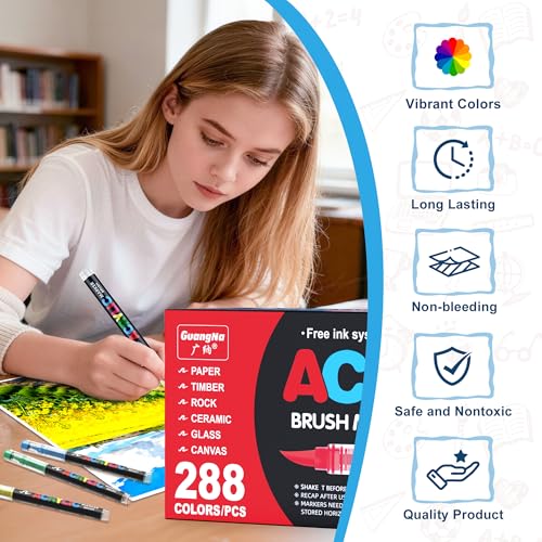 Image of Guangna 288 Acrylic Paint Markers, Brush Tip Acrylic Paint Pens, Quick-Drying Waterproof Ink, for Rock Painting Plastic Wood Canvas Glass Ceramic Metal Art Crafts Supplies Gift