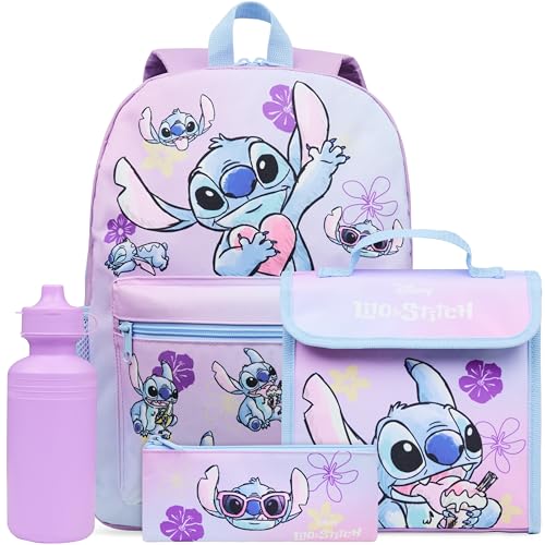 Disney Stitch Mochila Escolar Niña Adolescente Chica con Estuche Infantil Botella de Agua y Bolsa de Almuerzo Set de Material Escolar 4 Pzs