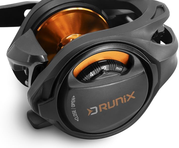 Close-up of DELPHIN RUNIX Baitcast Reel magnetic brake dial