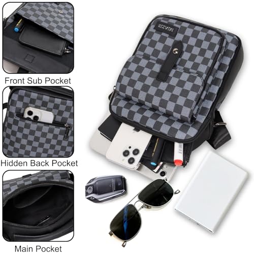 Men’s Crossbody Bag, Small PU Messenger Bag, Lightweight Shoulder Bag, Checkered Pattern for Daily Travel (L-Black and Grey)3