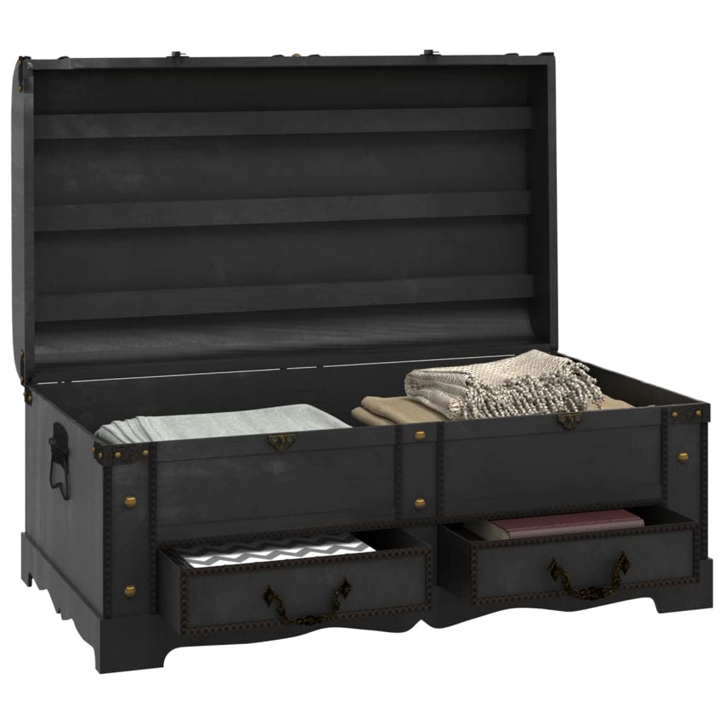 Baúl de madera vintage grande negro con pestillo y asas laterales, también se puede utilizar como mesa de café, ideal para ropa y ropa de cama