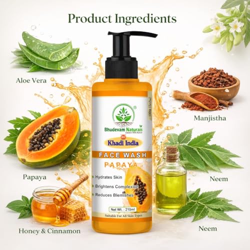 Image of Khadi Sunscreen SPF 60 PA+++ with Papaya Face Wash Combo for Glowing Skin By Bhudevam Naturals | UV Protection Sun Cream + Brightening Papaya Cleanser for Men & Women - Pack Of 2