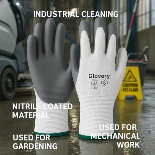 Image of Nylon Safety Work Gloves with Nitrile Coating - Industrial-Grade Protection for Cleaning, Warehouse, Mechanics, Construction - Durable, Flexible, Non-Slip Grip (White & Grey, 20 Pair)