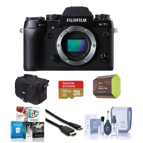 Fujifilm X-T1 Mirrorless Digital Camera Body, Black - Bundle with Spare NP-W126 Battery, 32GB Class 10 SDHC Card, Camera Bag, Cleaning Kit, Mini HDMI Cable 6ft, Software Package