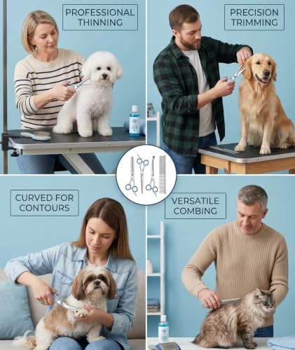 Image of 4-Piece Dog Grooming Kit, Dog Hair Cutting Scissors Set with Straight, Thinning, Downward Curved Shears and Steel Comb, Blue Ring Pet Grooming Scissors for Small Dogs