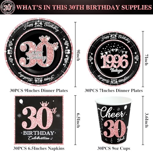 Image of 30th Birthday Decorations Rose Gold, Service for 30, Vintage 30th Birthday Party Supplies Includes Rose Gold 1996 Plates, Napkins,Cups, Plates and Napkins for Women