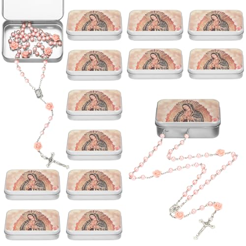 Tondiamo 12pcs Virgen De Guadalupe Red Rosary Catholic Town Necklace Our Lady of Guadalupe Rosary with Metallic Box Nuestra Señora Recuerdos De Bautizo Primera Comunion