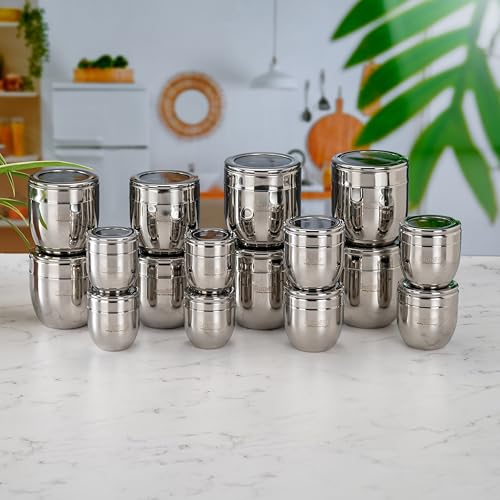 Image of Sumeet Stainless Steel Conical Shape Canisters /Dabba /Storage Containers for Kitchen with See Through Lid, Set of 16 Pcs, (150ml-6cm Dia-4Pc, 250ml-7cm Dia-4Pc, 400ml-8.5cm 4Pc, 500ml-9cm 4Pc)- Silver