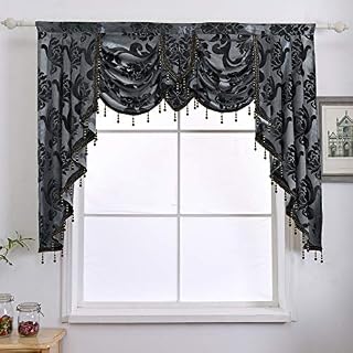 NAPEARL Swags for Windows-Jacquard Luxurious Valance Curtains for Living Room, Kitchen, Black Waterfall Valance with Beads, Rod Pocket Window Treatment Valances, 61-Inch Wide