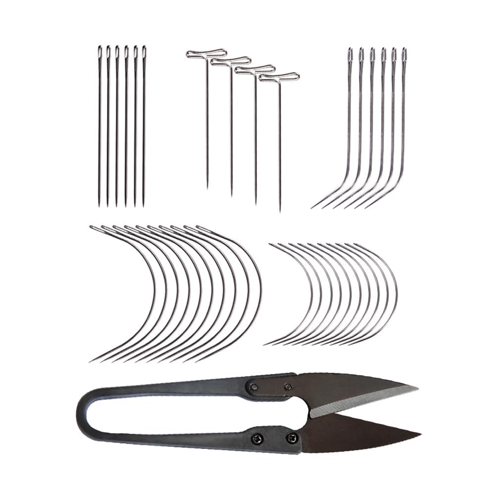 82 Pcs Wig Making Needles Wig T Pins C Curved Needles I Type J Type Hair Weave Needles Sewing Needles for Wig Making Hair Extensions