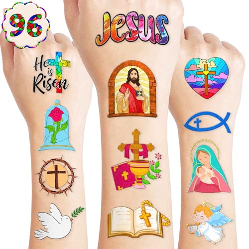 Easter Religious Temporary Tattoos Holy Week Christian Faith Jesus Cross He is Risen Spring Themed Stickers for Kids Party Supplies Decorations Favors and Prizes Gifts for Boys and Girls Ideal School