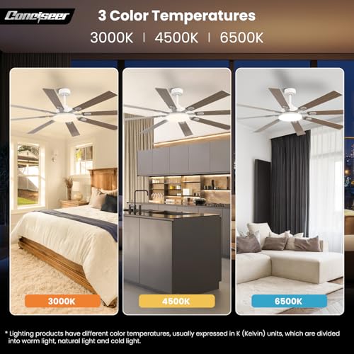Image of 72 Inch Ceiling Fans with Lights and Remote, Dual Color 8 Blades, Bedroom Living Room Office Library Cafe Outdoor Industrial, 3CCT Dimmable, 6 Speed Reversible Quiet DC Motor, White /Wood Grain