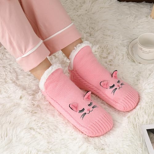 Image of ZYZX Cute Cat Slipper Socks for Women with Grips,Fuzzy Socks Indoor