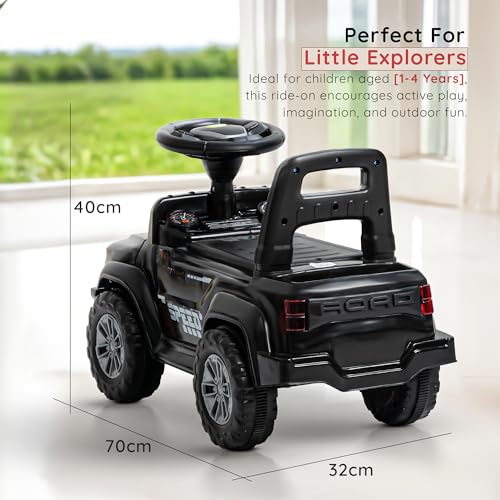 Image of Baybee Roady Ride on Car for Kids | Portable RideOn Toy Cars with Backrest & Basket | Baby Push Rideon Jeep with LED Light & Music & Storage Basket | Baby RideOn Car for Kids 1-3 Years (Black)