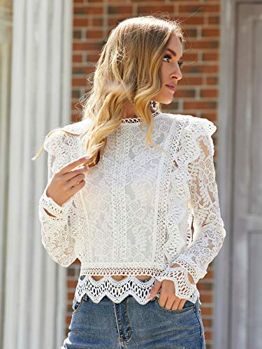 Floerns Women's Ruffle Trim Lace Scalloped Hem Long Sleeve Blouse Tops White L #TOP3