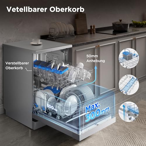 Midea Geschirrspüler 60cm Freistehend, SF 3.60N PRO Spülmaschine mit WLAN, 14 Maßgedecke, Geschirrspüler Unterbaufähig, 5 Programme, Höhenverstellbarer Oberkorb, 47 dB, Inox