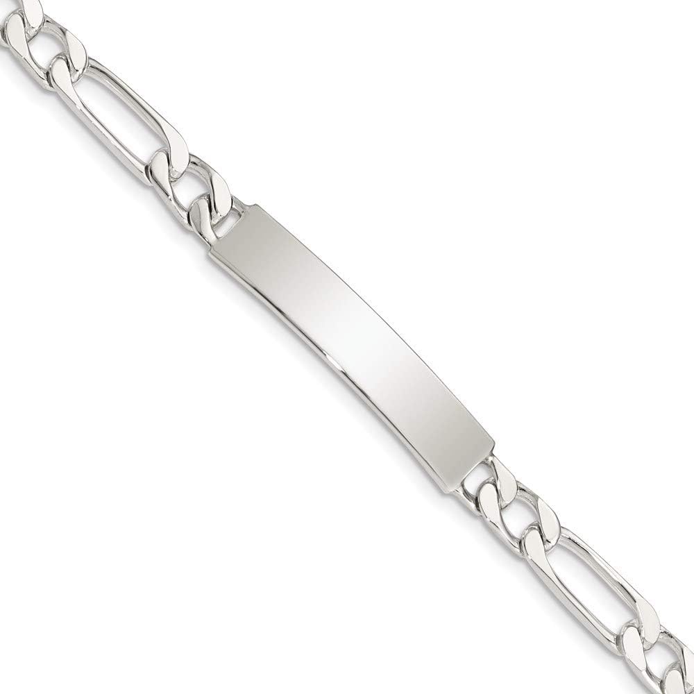 Polished Engravable Personalized Custom 925 Sterling Silver Polished Figaro Link ID Bracelet For Men or Women Length 8 inches Width 6 mm With Lobster Claw Clasp