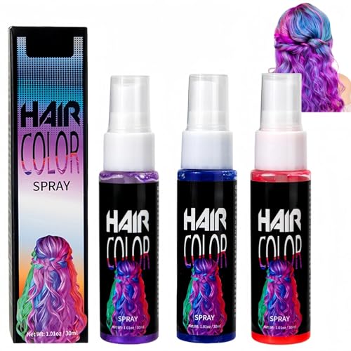 3 Colors Washable Hair Colour Spray Temporary Hair-Dye for Adults Coloured Hair Spray Wash Out for Halloween Christmas Cosplay Parties & Festivals