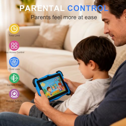 Image of 7 Inch Kids Tablet with Shockproof Case, Android 14 Educational Learning for Toddlers 3-10, 10GB RAM + 64GB ROM, Dual Camera, WiFi, Bluetooth
