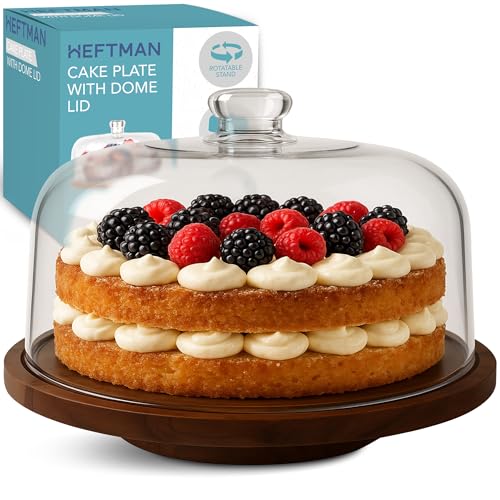 HEFTMAN Soporte giratorio para tartas con tapa de cúpula, soporte antideslizante de madera de acacia de 10 pulgadas con cubierta de cúpula acrílica transparente para pasteles, pasteles, quesos, ideal