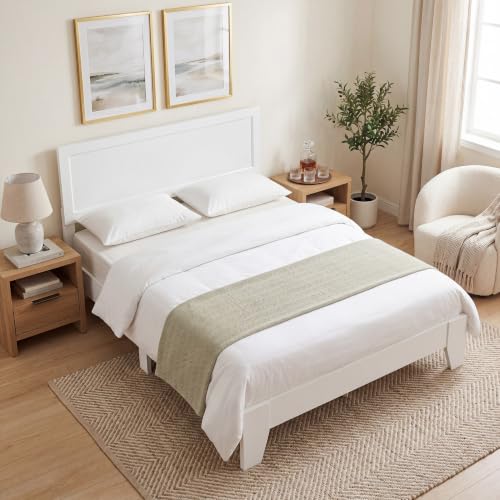 Image of GIANTEX Queen Size Wooden Bed Frame with Headboard, Wood Slat Support | Modern Platform Bed with Heavy Duty Mattress Foundation, Under-Bed Storage, No Box Spring Needed, Easy Assembly (White)