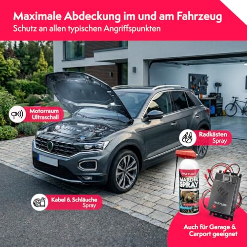 PATTLER Marderabwehr Set – Marderschreck Auto Ultraschall und Marderspray Auto 400ml. Marderschutz für Motorraum und Garage. Kombination zur Marderabwehr Auto