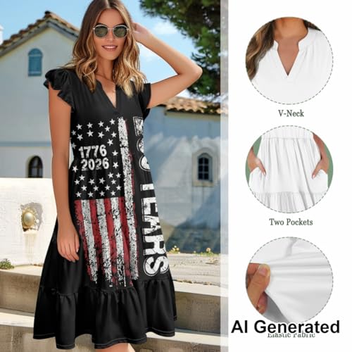 Image of Women's Casual Ruffle Sleeve Dress V Neck Pullover Dress Flowy A-Line Pleated Lightweight Dress with Pockets