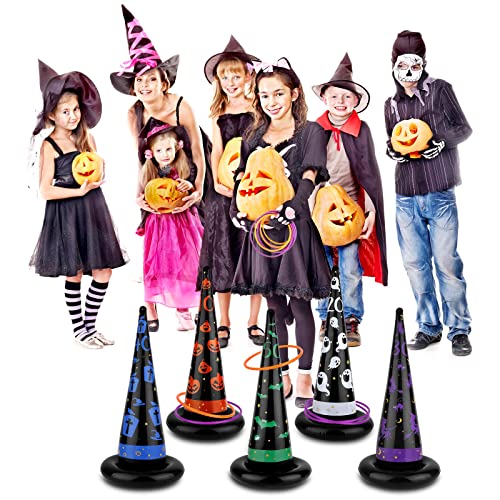 Christmas Toss Games 5pcs Inflatable Witch Hat and 10pcs Rings and 1pc Air Pump for Kids Adults Halloween Party Supplies Indoor Outdoor Decorations - Thumbnail 6