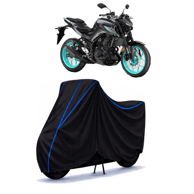 Image of MT 15 New Bike Cover Water Resistant Universal Motorcycle Rain | Heavy Duty UV Protection, Dust, Scratch Indoor Outdoor All Weather with Black Blue Piping Elastic