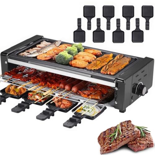 Electric Grill, Nonstick Stone Grill and Plate, 1500W Indoor Smokeless Portable BBQ Griddle with Detachable Plates and 8 Pans