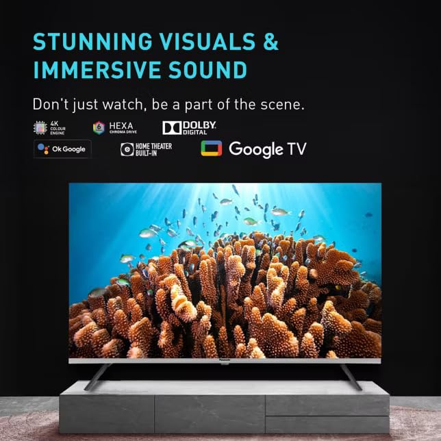 หน้าจอทีวีแสดงภาพและข้อความสีสันสดใสว่า 'ภาพสวยงามตระการตาและเสียงสมจริง'