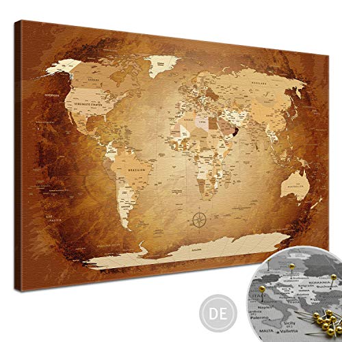 LanaKK Mapamundi - Mapa del Mundo marrón Colorido con Corcho para Fijar los destinos, alemán, lámina sobre Bastidor Camilla en marrón, Enmarcado en una Parte de 120 x 80 cm