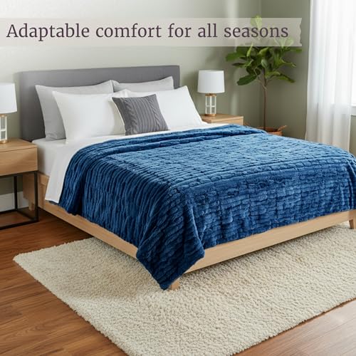 Image of Lavish Home Oversized Ruched Faux Fur Blanket - 60x80-Inch Plush Polyester Faux Fur Queen-Size Throw for Sofas and Beds - Luxurious Bedding (Blue)
