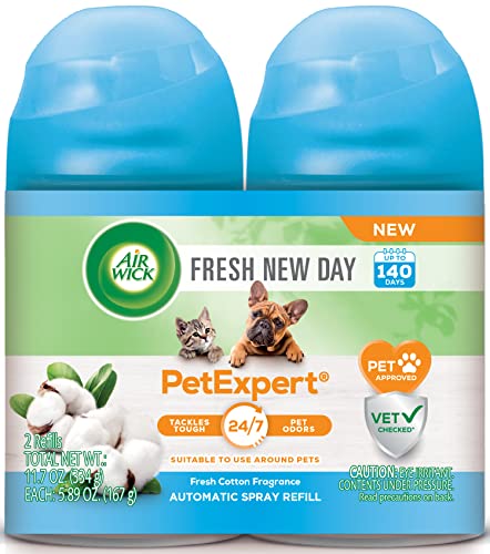 Image of Air Wick Automatic Spray Fresh New Day, 2ct, Pet Fresh Cotton, Air Freshener, Essential Oils, Odor Neutralization
