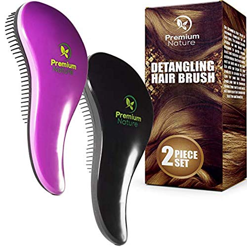Detangling Hair Brush 2 Piece Set - Best Detangler Comb No Pain Brush For Curly Wavy Thick or Thin Hair -Tangled Hair Solution for Women Girls Men and Boys - Purple & Black Premium Nature