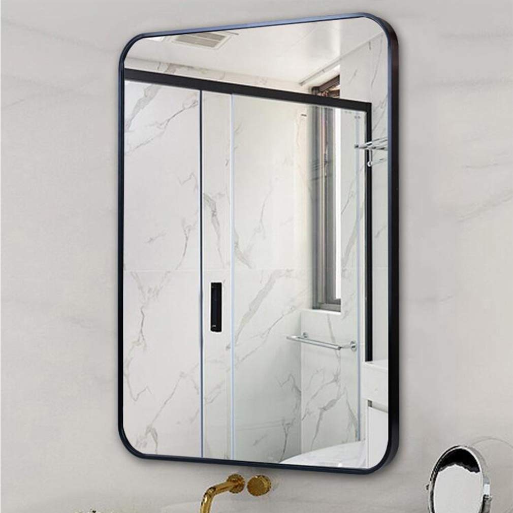 Bathroom Mirror Small Black Rectangular Wall Mirror Aluminum Alloy Metal Frame Rounded Corners (Black, 24" x 32")