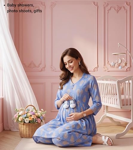 Image of DUMMY SHAPE Maternity Dresses for Women Cotton Rayon | Floral Kurta Pant Dupatta Set with Nursing Zippers to Pre & Post Partum | Feeding Kurtis | Mom to Be Gifts for Pregnant Woman