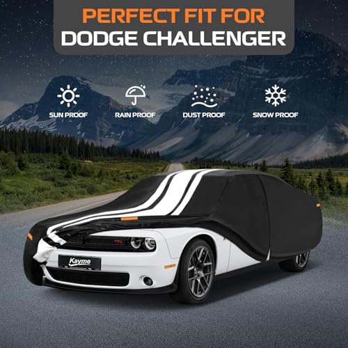 Image of Kayme Heavy Duty Car Cover Custom Fit for Dodge Challenger Demon Hellcat | (1970-2023), Waterproof All Weather, Gift with Tape /Towel /Bag, Outdoor Full Exterior Cover Rain Snow Sun UV Protection.