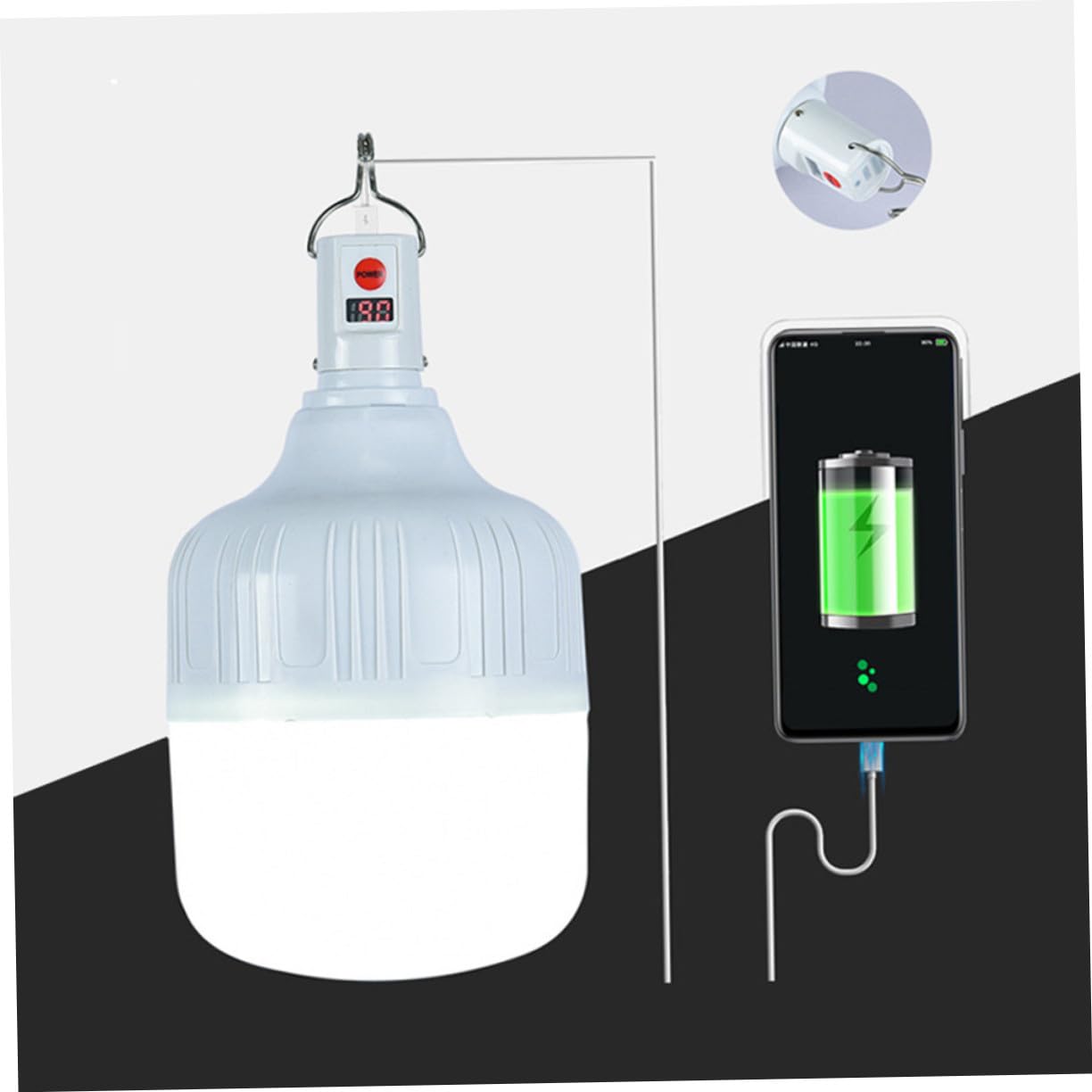 Lampe de Tente Rechargeable LED 100w 3 Niveaux de Luminosité, Batterie 1200mah, Plastique Blanc, pour Camping en Plein Air et Pêche de Nuit