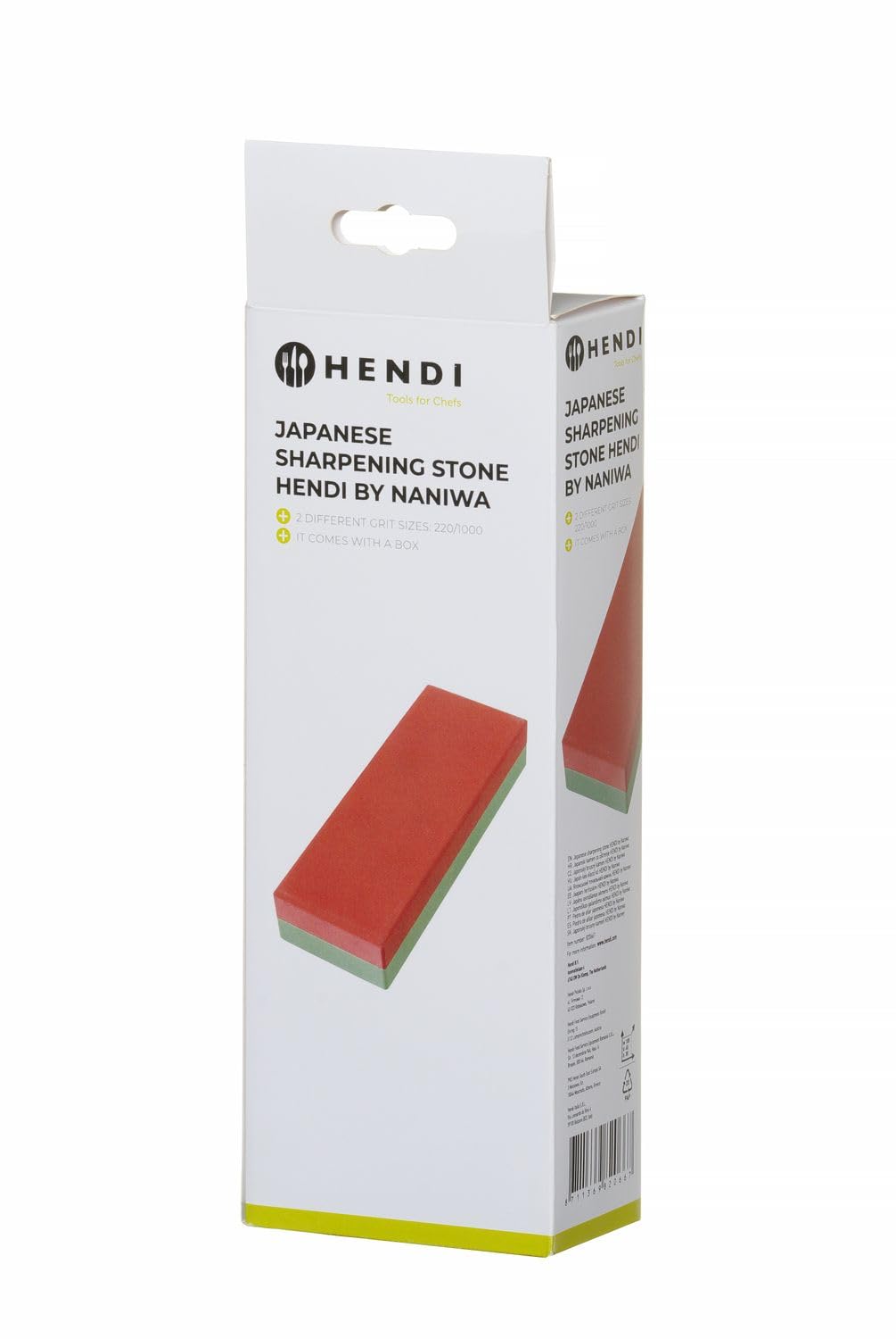 HENDI Japanischer Schleifstein by Naniwa, doppelseitig, Messerschärfer, Schleifstein, Wetstones, Körnung 220/1000, inklusive Kunststoffbehälter, 185x65x(H)30mm