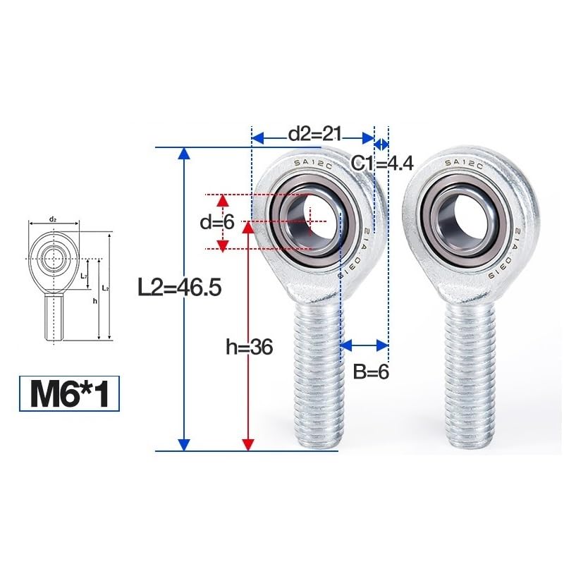 1PC Rod End Joint Bearings SA5C/6/8/10/12/15/17/20/25/SA30C Right-Hand Male Thread Spherical Plain Bearing Engine Parts(SA6C M6x1.0)