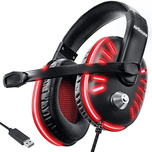 AirSound Gaming Over-Ear Headset Headphone| Red LED Lights| 7.1 Surround Sound| Noise Cancelling Mic| Volume Control, USB Interface for All Laptop (Alpha-2)