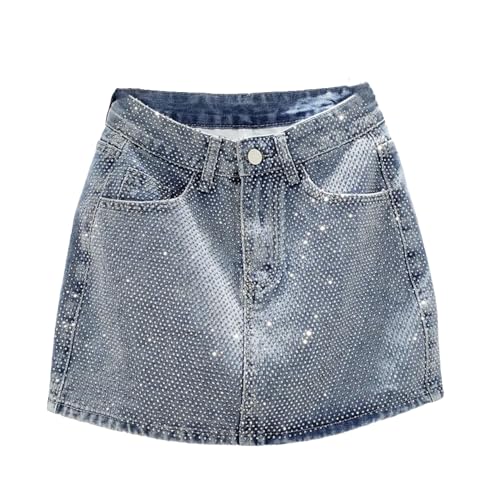 Women's Rhinestone Denim Mini Skirts Diamonds High Waist Jean A-LINE Skirt