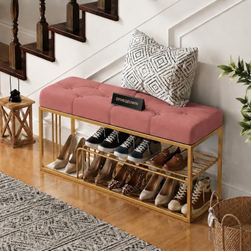 Image of Entryway Shoe Rack with Cushioned Seat, Shoe Bench for Entry, 2 Shelves Storage Bed Bench Pink