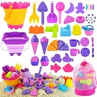 Elovien Beach Sand Toys, 50Pcs Sandpit Toys with 2 Collapsible Buckets and Spade, Mesh Backpack Bag, Ice Cream, Cake & Castle Sand Molds, Summer Outdoor Travel Toys for Kids Toddlers Girls