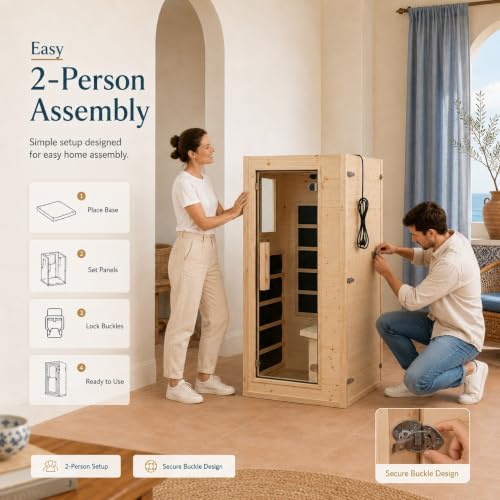 Mini Sauna 1 Person Far Infrared Sauna for Home, 4.9ft Space Saving Indoor Sauna with Side-Opening Glass Door & Side Window, Natural Spruce Wood Dry Spa, 900W Rapid Warm-Up, Bluetooth, Cup Holder - Image 4