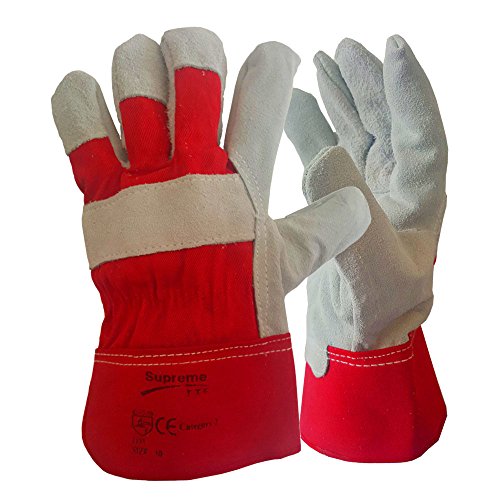 10 Pairs of Leather Rigger Work Gloves | Heavy Duty Safety Gauntlets | Red/Grey XL