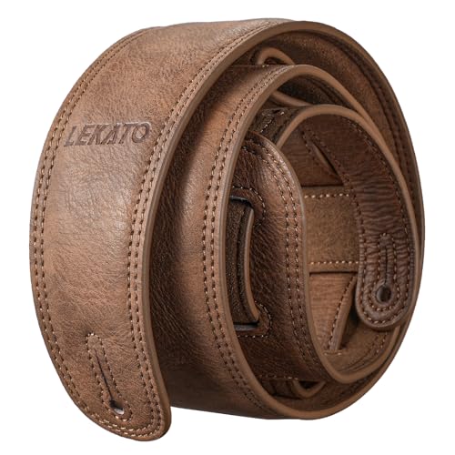 LEKATO Brown Leather Guitar Strap for Bass & Electric Guitars 2.5” Wide Bass Strap Padded with Thicken Foam Bass Guitar Straps Adjustable Length from 41” to 51” Leather Bass Strap(Brown)