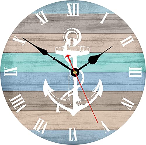 Toudorp Horloge murale silencieuse à piles 30,5 cm - Ancre et rayures nautiques - Chiffres romains